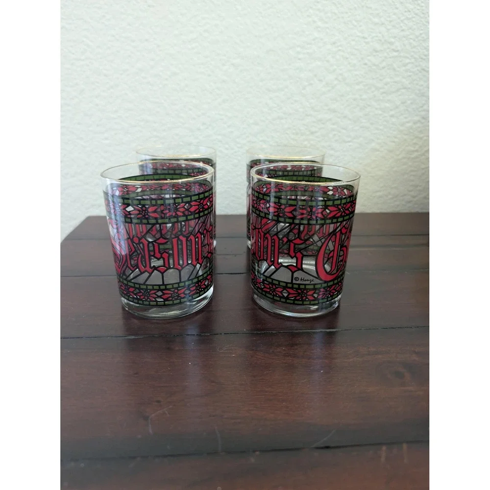 Vtg Houze Glass Stained Christmas Seasons Greetings Lowball Glasses Set of 4